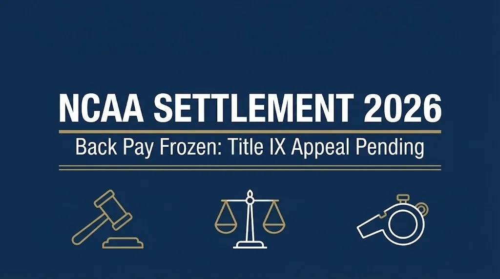 NCAA settlement 2026 banner showing House v. NCAA back pay frozen during Title IX appeal.