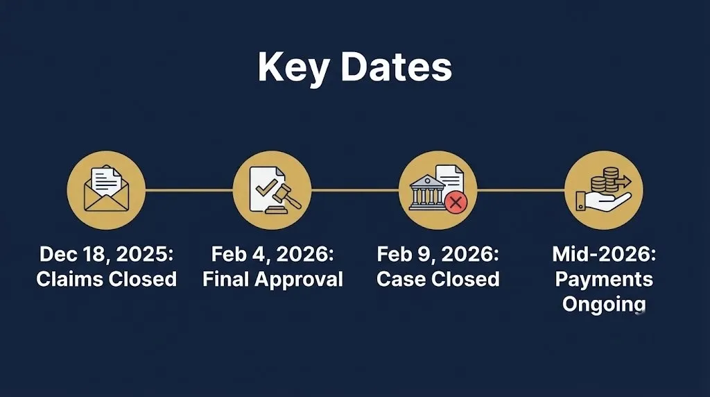 Navy Federal EFTA settlement timeline showing claims closed, final approval, and 2026 payment status.
