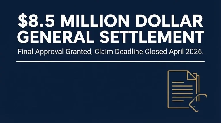 Navy banner announcing the $8.5 million Dollar General settlement with its 2026 approval and deadline status