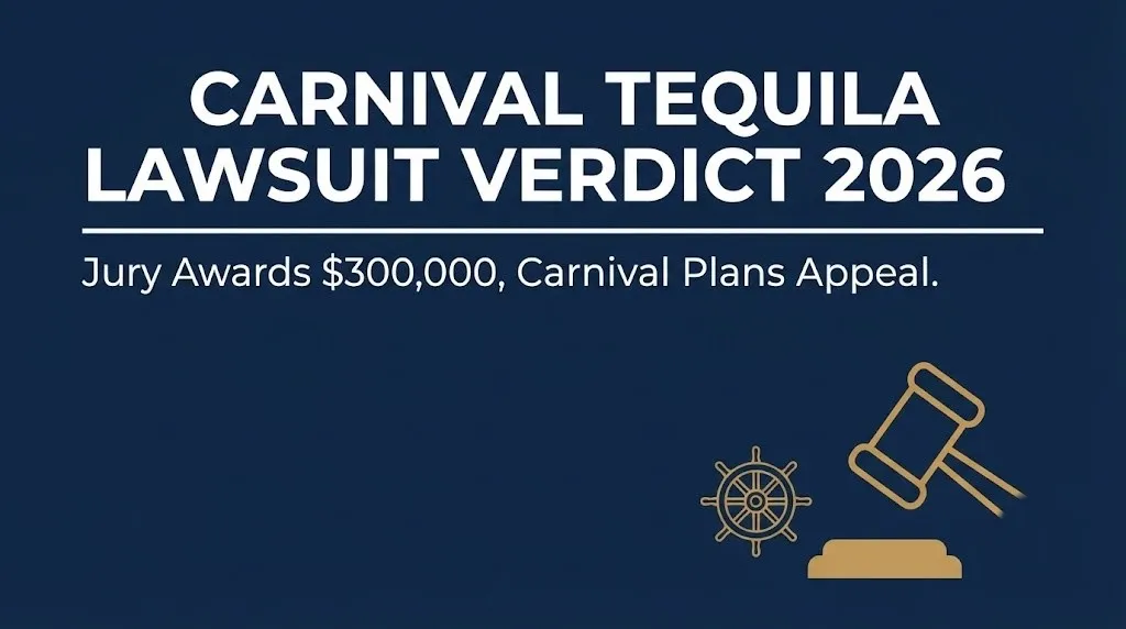 Navy banner announcing the Carnival tequila lawsuit verdict with jury awarding $300,000 in 2026
