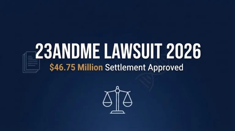 Navy banner reading 23andMe lawsuit 2026 with subheading noting the $46.75 million settlement approval.