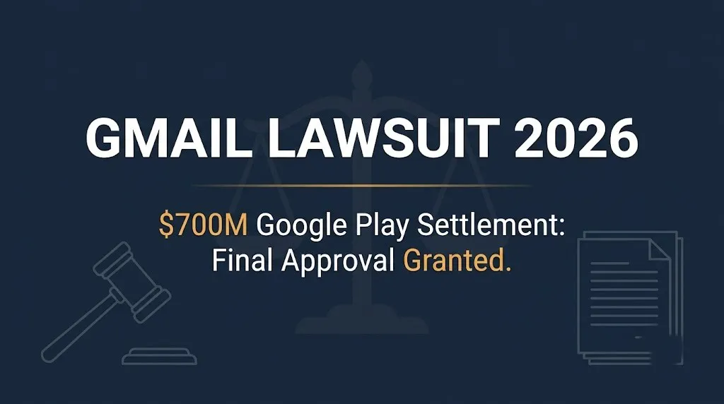 Navy banner reading Gmail Lawsuit 2026 with subheading noting the $700M Google Play settlement final approval.
