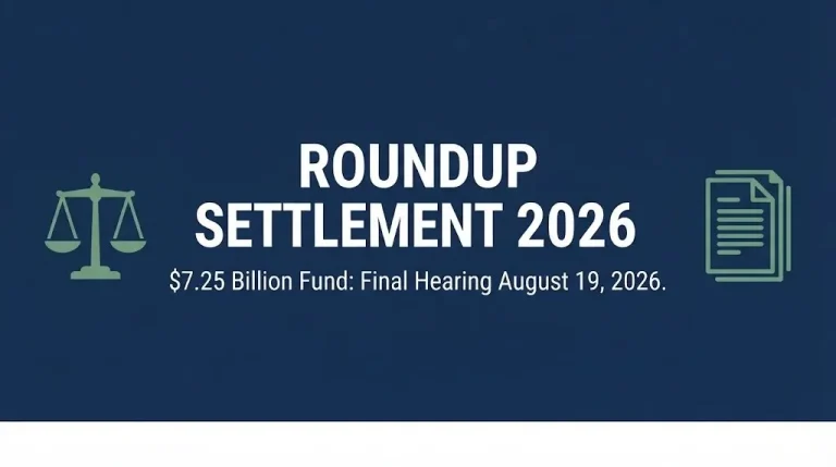 Navy banner reading Roundup settlement 2026 with subheading noting the $7.25 billion fund and August hearing date.