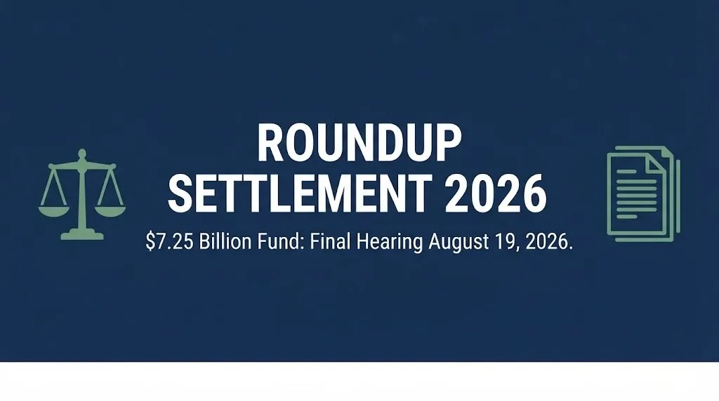 Navy banner reading Roundup settlement 2026 with subheading noting the $7.25 billion fund and August hearing date.