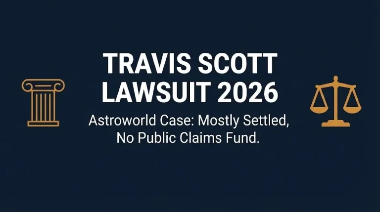 Navy banner reading Travis Scott lawsuit 2026 with subheading noting the Astroworld case is mostly settled.