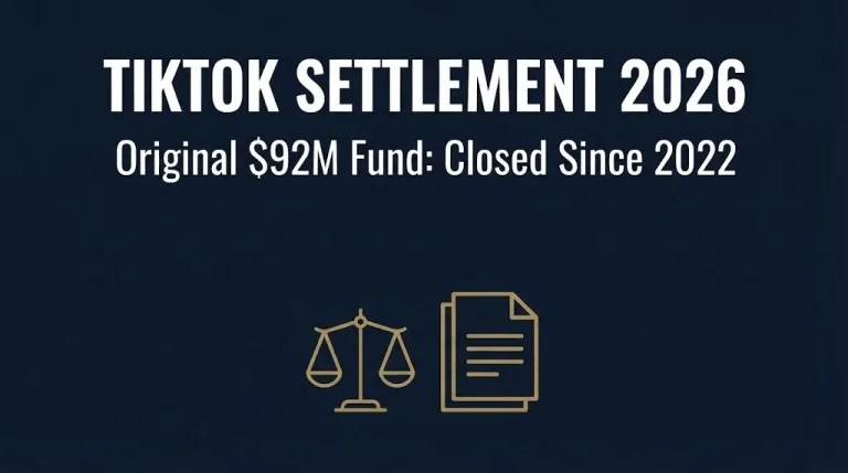 Navy banner showing the TikTok settlement 2026 status, noting the original $92 million fund closed in 2022.
