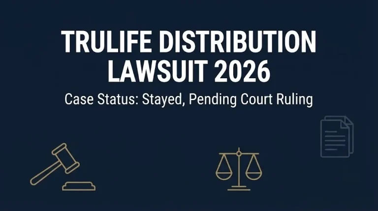 Navy banner showing the Trulife Distribution lawsuit 2026 case status as stayed and pending court ruling.