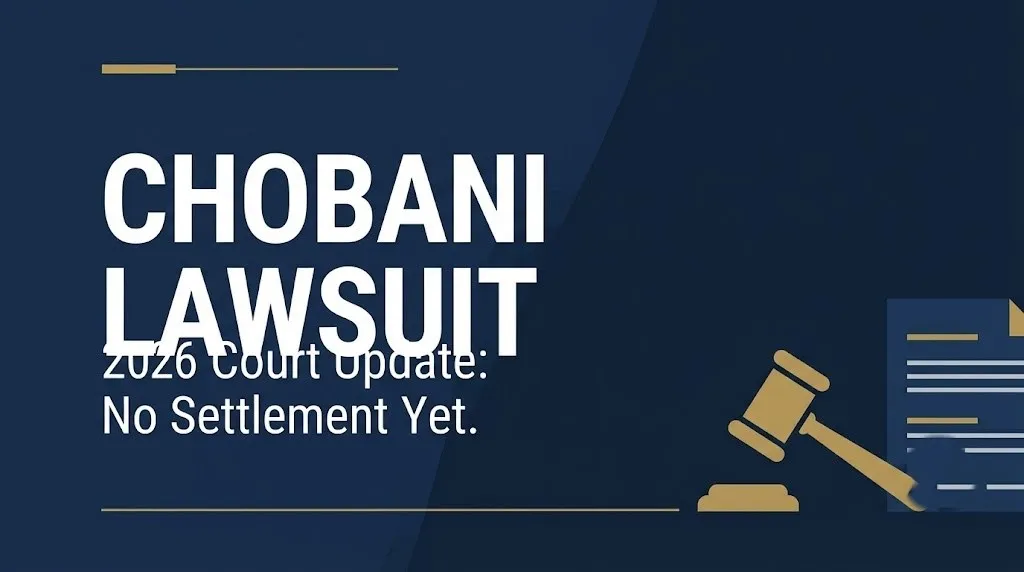 Navy hero banner reading Chobani lawsuit 2026 court update with no settlement yet confirmed, gavel icon beside text.