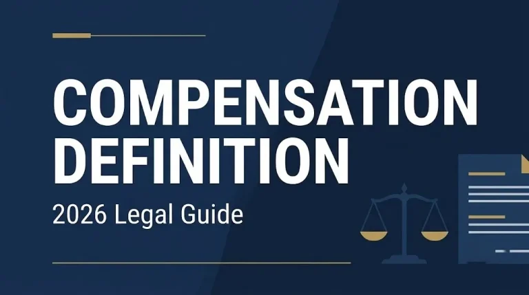 Navy hero banner with the words compensation definition and a 2026 legal guide subheading beside scale icons.