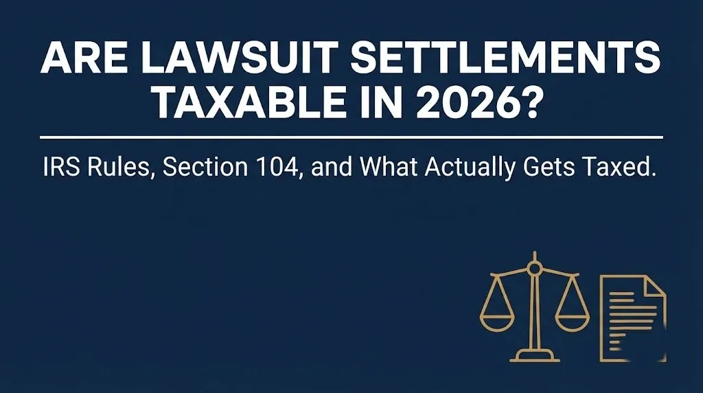 Navy infographic banner asking are lawsuit settlements taxable in 2026 with IRS Section 104 subheading