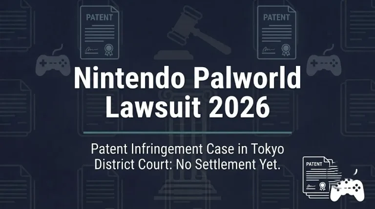 Nintendo Palworld Lawsuit 2026 hero banner showing patent litigation status with gavel and patent document imagery on navy background.