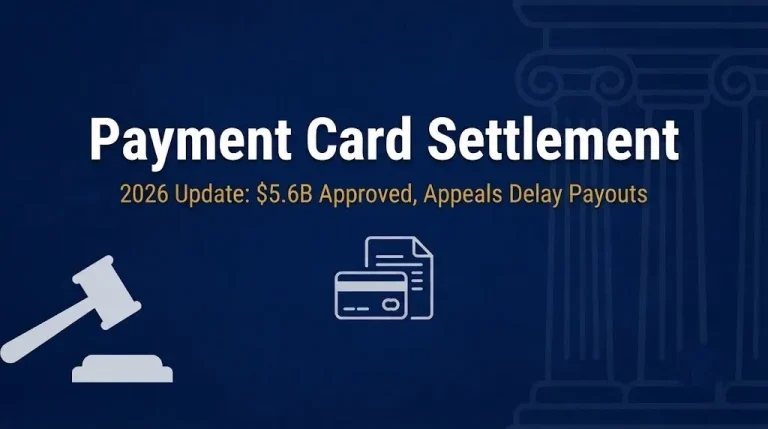 Payment card settlement 2026 banner showing 5.6 billion dollars approved with appeals delaying payouts to merchants.