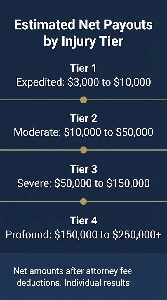 Payout tier infographic showing estimated net settlement amounts for 3M earplug lawsuit claims across four injury severity levels.