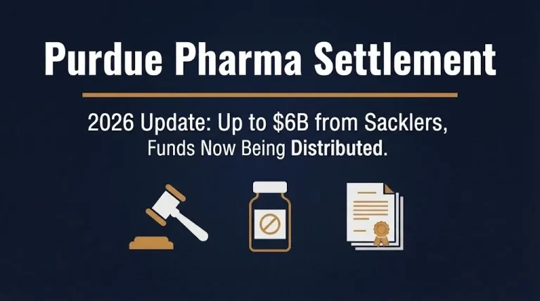 Purdue Pharma settlement 2026 hero banner with gavel, crossed-out pill bottle, and document icons.