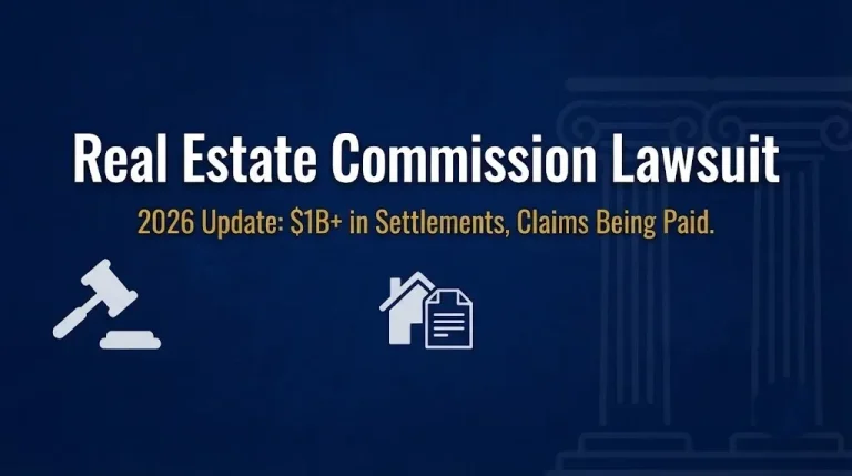 Real estate commission lawsuit 2026 banner with over one billion dollars in settlements and claims now being paid.
