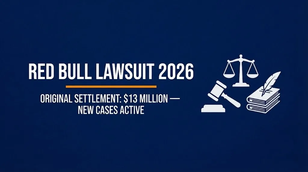 Red Bull lawsuit 2026 hero banner showing the 13 million dollar original settlement status and active new cases.