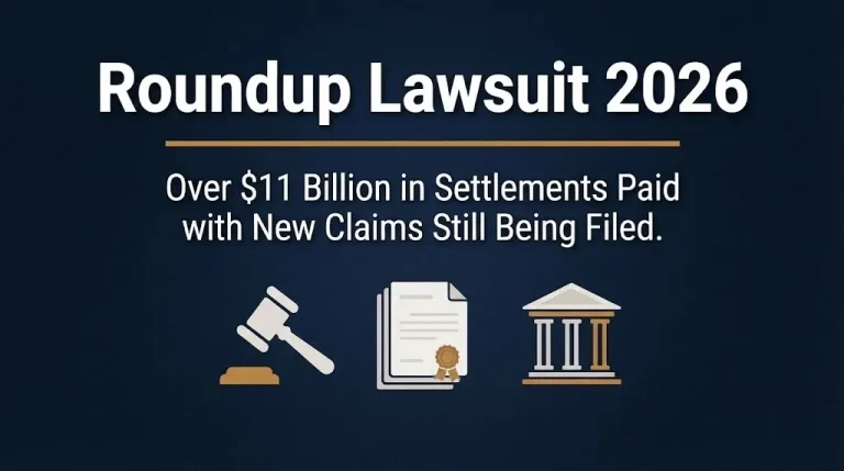 Roundup lawsuit 2026 hero banner showing gavel and document icons with settlement status update.