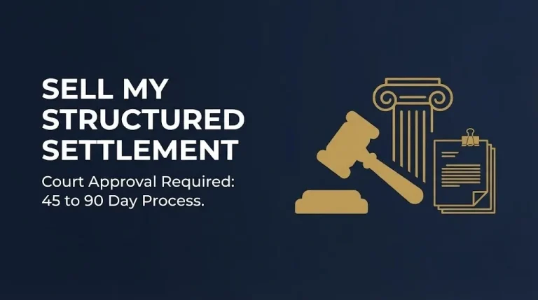 Sell my structured settlement 2026 hero banner showing court approval requirement and 45 to 90 day process timeline.