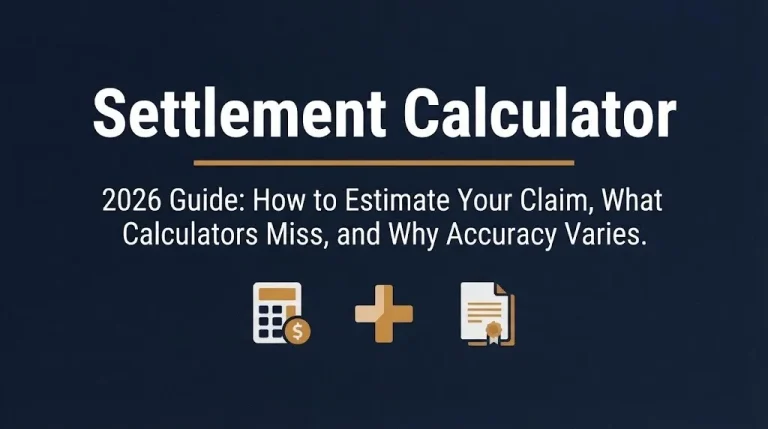Settlement calculator 2026 guide hero banner with calculator, medical, and document icons.