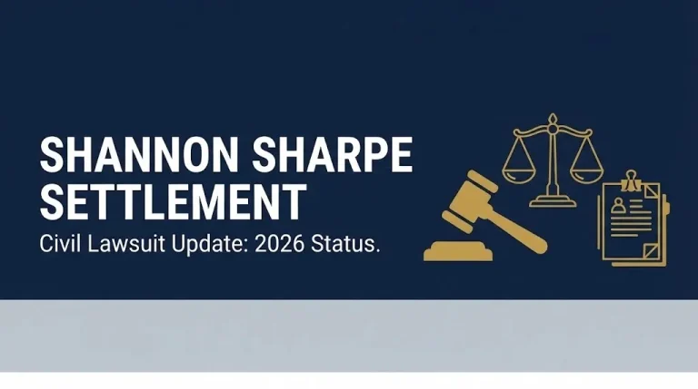 Shannon Sharpe settlement 2026 hero banner with gavel and scales icons showing civil lawsuit status update.