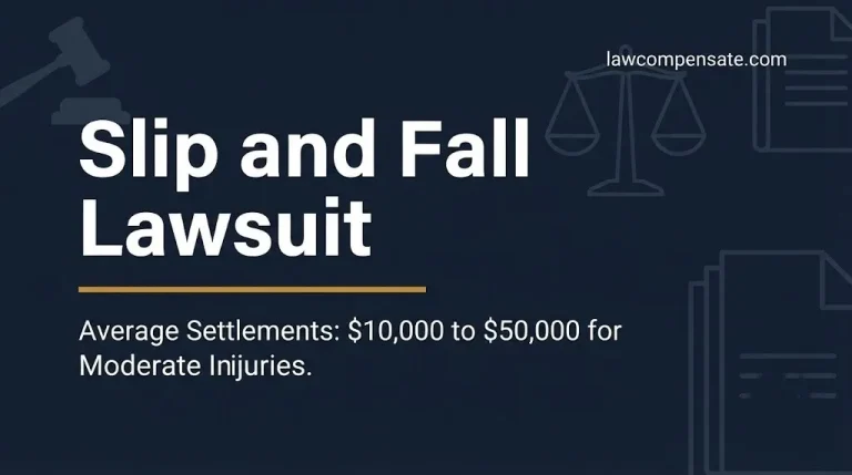 Slip and fall lawsuit guide banner showing average settlement ranges for 2026 premises liability claims.