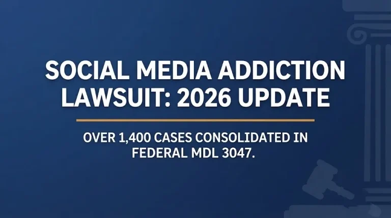 Social Media Addiction Lawsuit hero banner showing 2026 case status and MDL 3047 consolidation details.