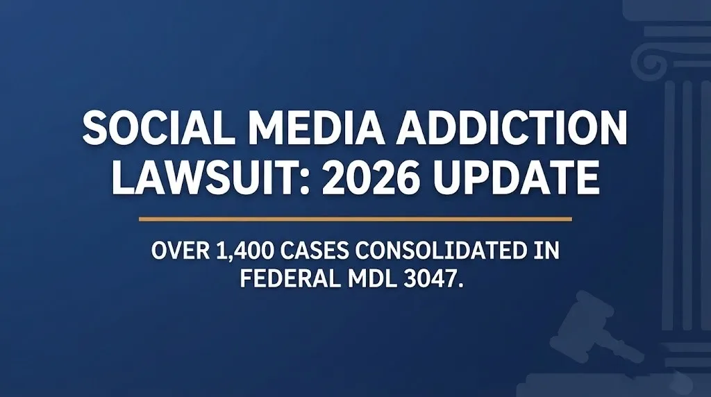 Social Media Addiction Lawsuit hero banner showing 2026 case status and MDL 3047 consolidation details.