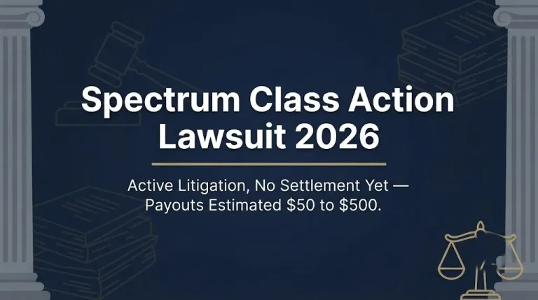 Spectrum class action lawsuit 2026 banner showing headline and estimated payout range on navy background with legal symbolism.