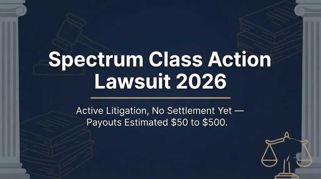 Spectrum class action lawsuit 2026 banner showing headline and estimated payout range on navy background with legal symbolism.