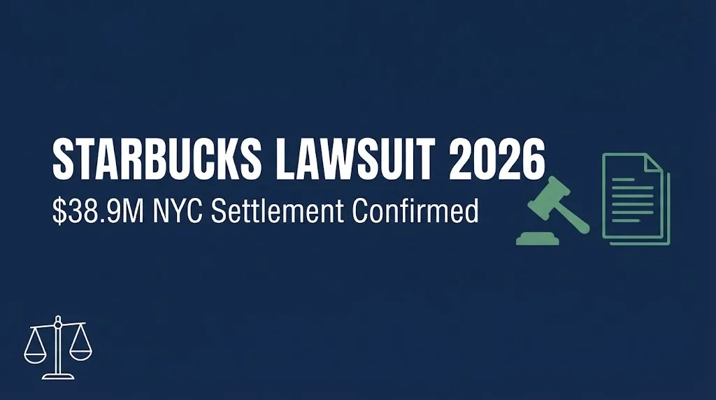 Starbucks lawsuit 2026 hero banner showing the confirmed $38.9 million NYC Fair Workweek settlement.