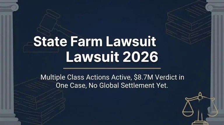 State Farm lawsuit 2026 banner showing active class actions and $8.7M verdict on navy background with legal symbolism.