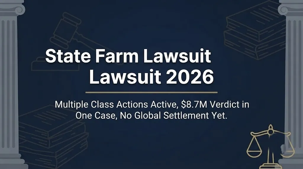 State Farm lawsuit 2026 banner showing active class actions and $8.7M verdict on navy background with legal symbolism.
