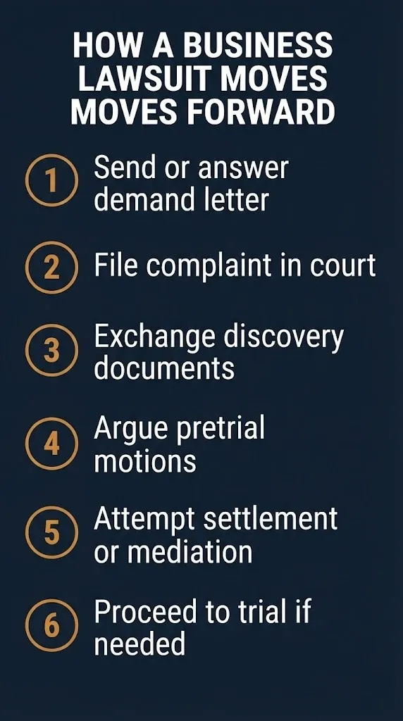 Step-by-step graphic showing how a business litigation lawyer moves a commercial lawsuit forward.