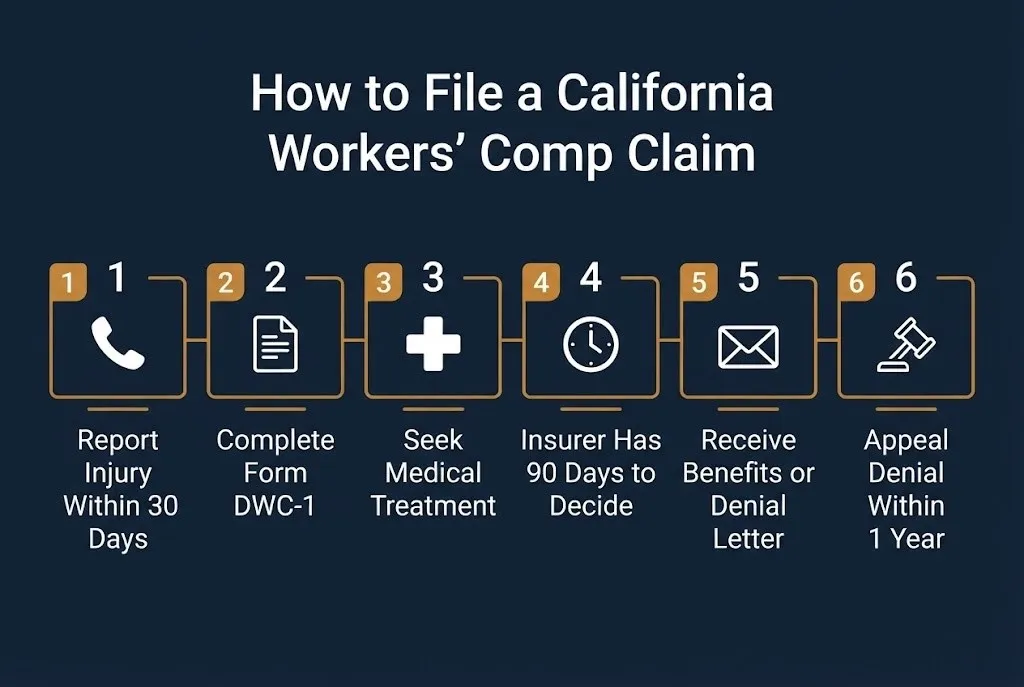 Step-by-step infographic showing how to file a California workers' compensation claim from injury reporting through appeal process.