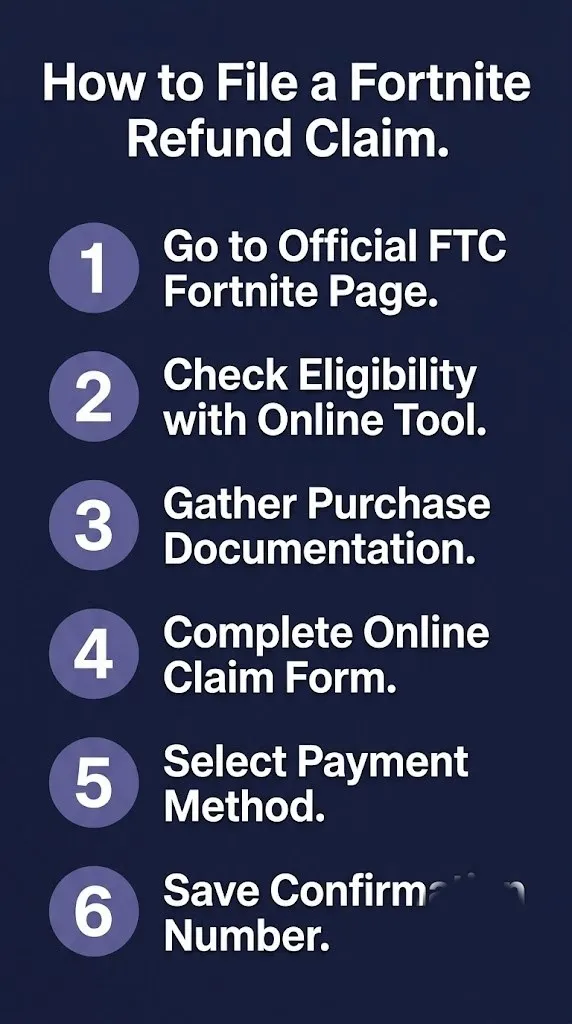 Step-by-step infographic showing how to file a Fortnite FTC refund claim with six numbered actions on navy background.