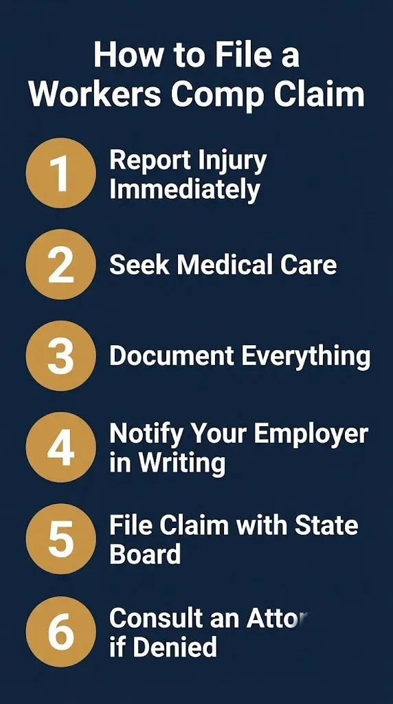 Step-by-step infographic showing how to file a workers compensation insurance claim with six numbered actions on navy background.