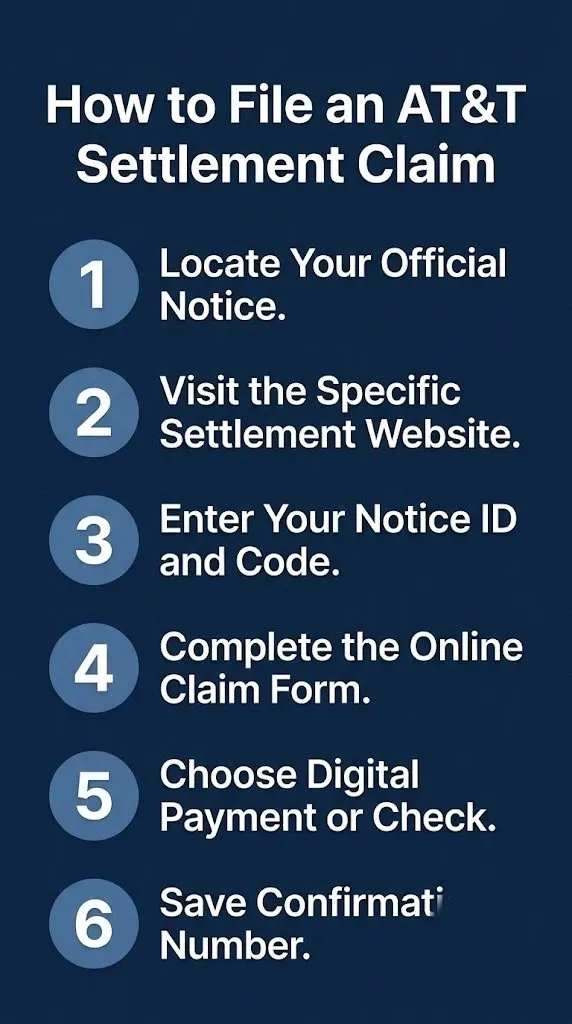 Step-by-step infographic showing how to file an AT&T data breach settlement claim with six numbered actions on navy background.
