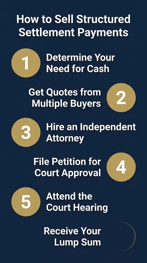 Step-by-step infographic showing how to sell structured settlement payments with six numbered actions requiring court.