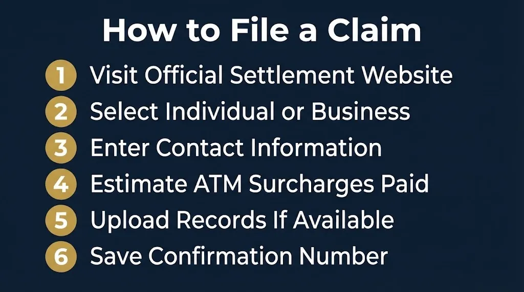 Step-by-step infographic showing the 6 steps to file an ATM class action settlement claim form on a navy background.