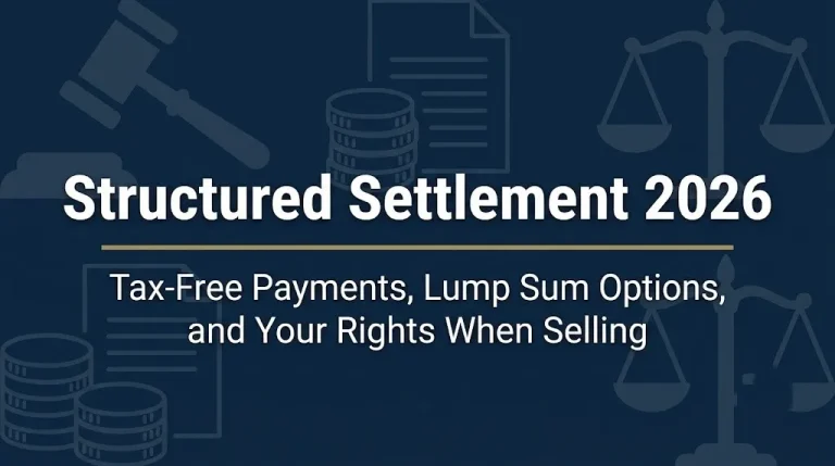 Structured Settlement 2026 hero banner showing tax-free payments and lump sum options with gavel and financial imagery on navy background.