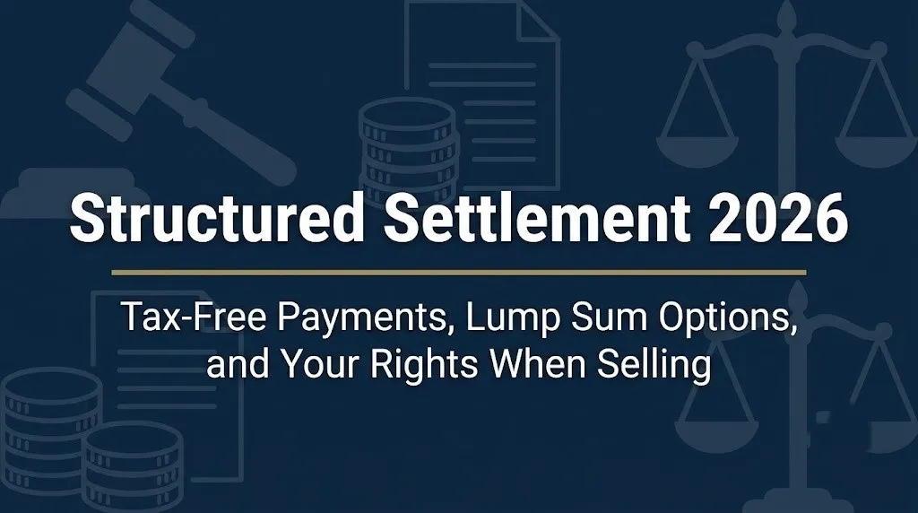 Structured Settlement 2026 hero banner showing tax-free payments and lump sum options with gavel and financial imagery on navy background.