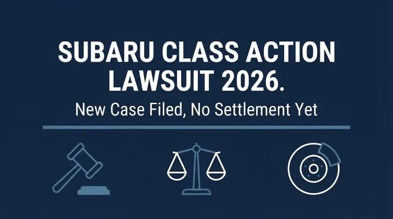 Subaru class action lawsuit 2026 banner showing the new EyeSight case has no settlement yet.