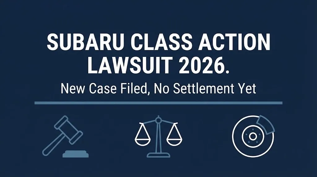 Subaru class action lawsuit 2026 banner showing the new EyeSight case has no settlement yet.