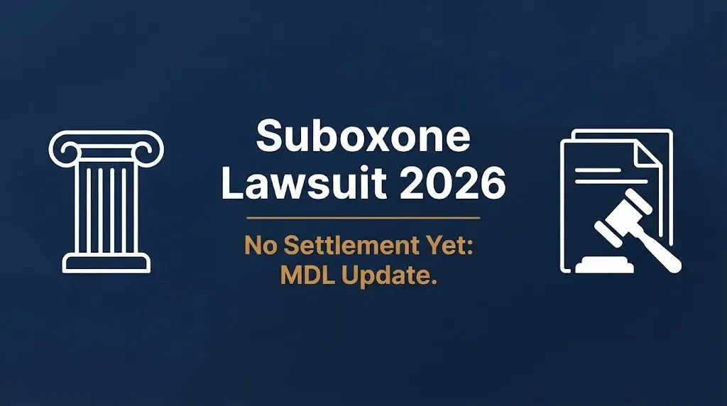 Suboxone lawsuit 2026 hero banner noting no tooth decay settlement has been reached yet