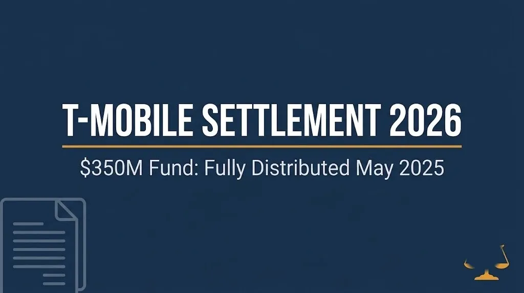 T-Mobile settlement 2026 hero banner showing the $350 million fund was fully distributed by May 2025.