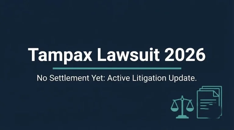 Tampax lawsuit 2026 banner noting the litigation is active with no settlement reached yet.