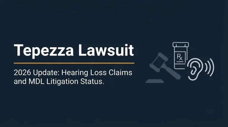 Tepezza lawsuit 2026 update banner showing hearing loss litigation status with legal and medical iconography on a navy background.