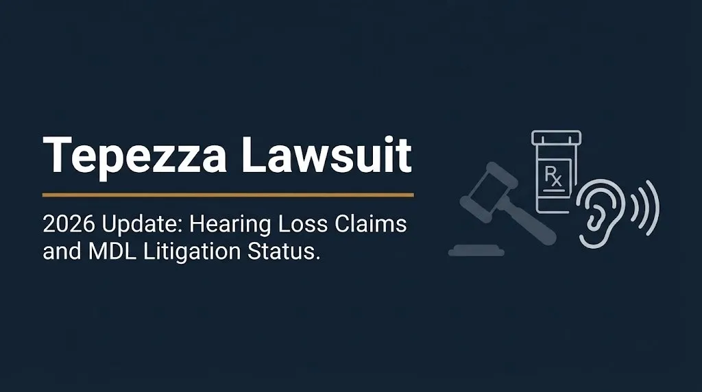 Tepezza lawsuit 2026 update banner showing hearing loss litigation status with legal and medical iconography on a navy background.