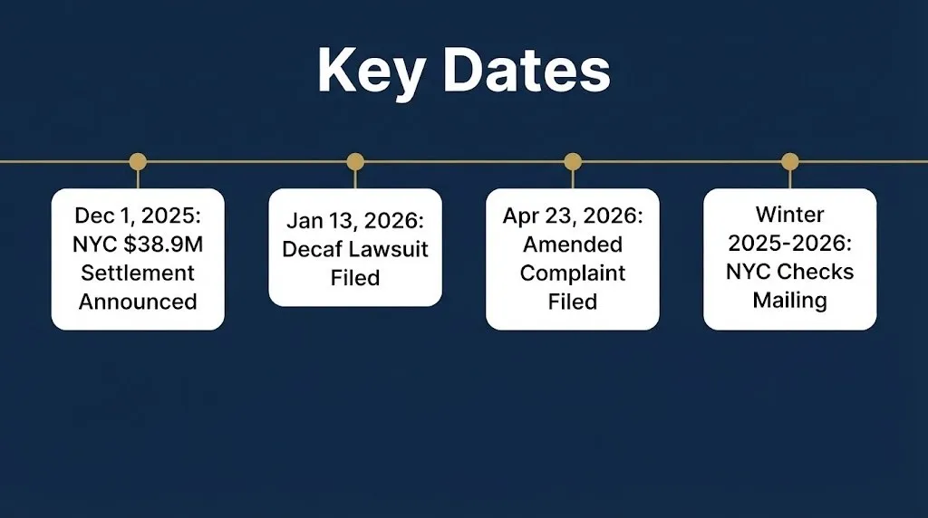 Timeline graphic of key 2026 Starbucks lawsuit dates including the NYC settlement announcement and decaf coffee filing.