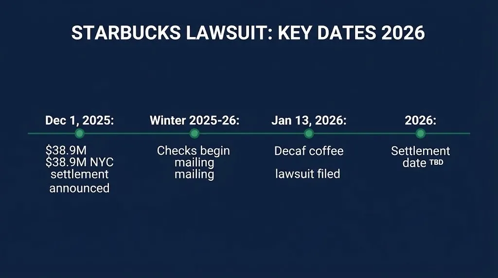Timeline graphic of key Starbucks lawsuit 2026 dates from the NYC settlement to the pending decaf coffee case.